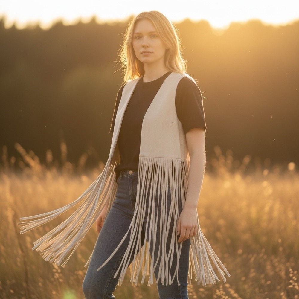 Saints & Hearts Women's Size M Cream‎ Long Fringe Vest Boho Western Festival NWT